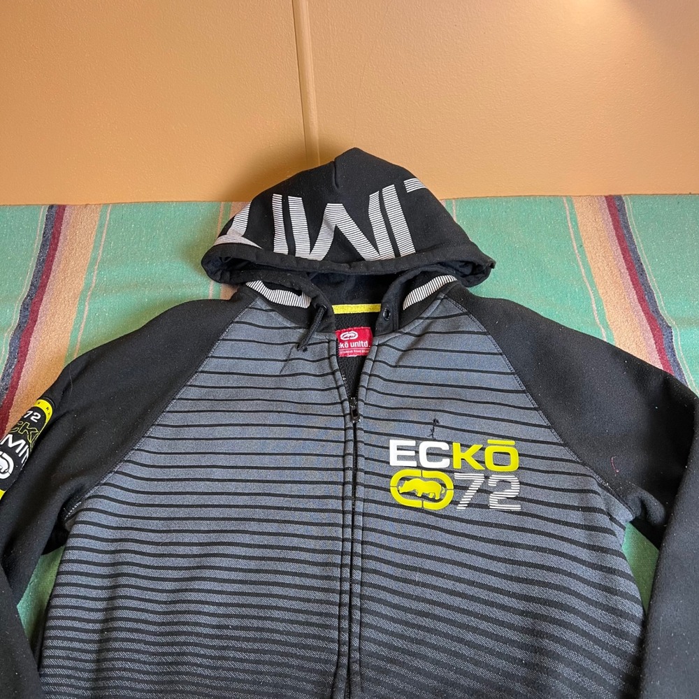 Ecko Unltd Hoodie Mens L Black Striped Full Zip Graphic Streetwear Y2K Rhino - Picture 9 of 11